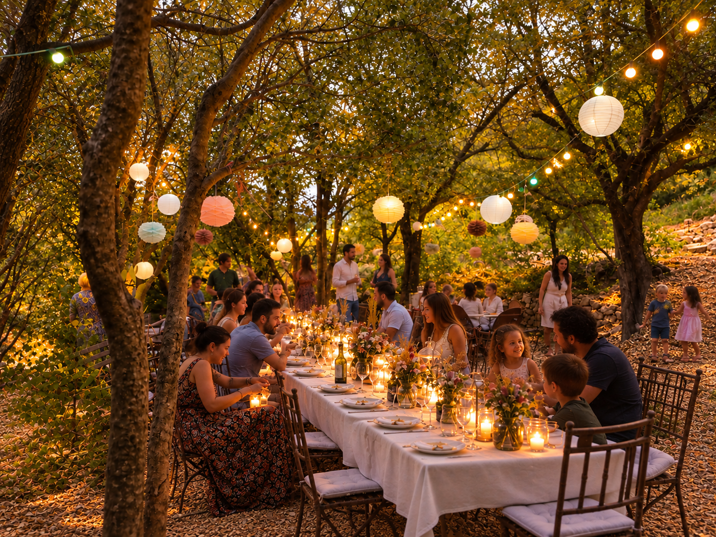 Grande tablée conviviale sous les arbres, illuminée de guirlandes
